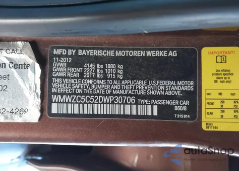 2013 Mini Countryman Cooper S z USA, uszkodzony, nr VIN WMWZC5C52DWP30706